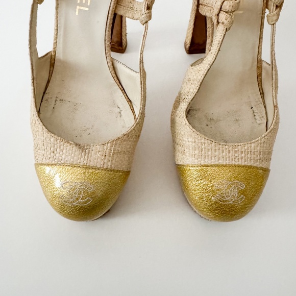 Chanel Gold Cap Toe CC Raffia Slingback Pumps EU 38 - Picture 2 of 6